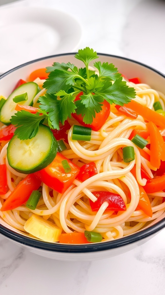 Chilled Noodle Salad with Jelly Chilled noodle salad with colorful vegetables and jelly dressing, garnished with cilantro on a light dining table.